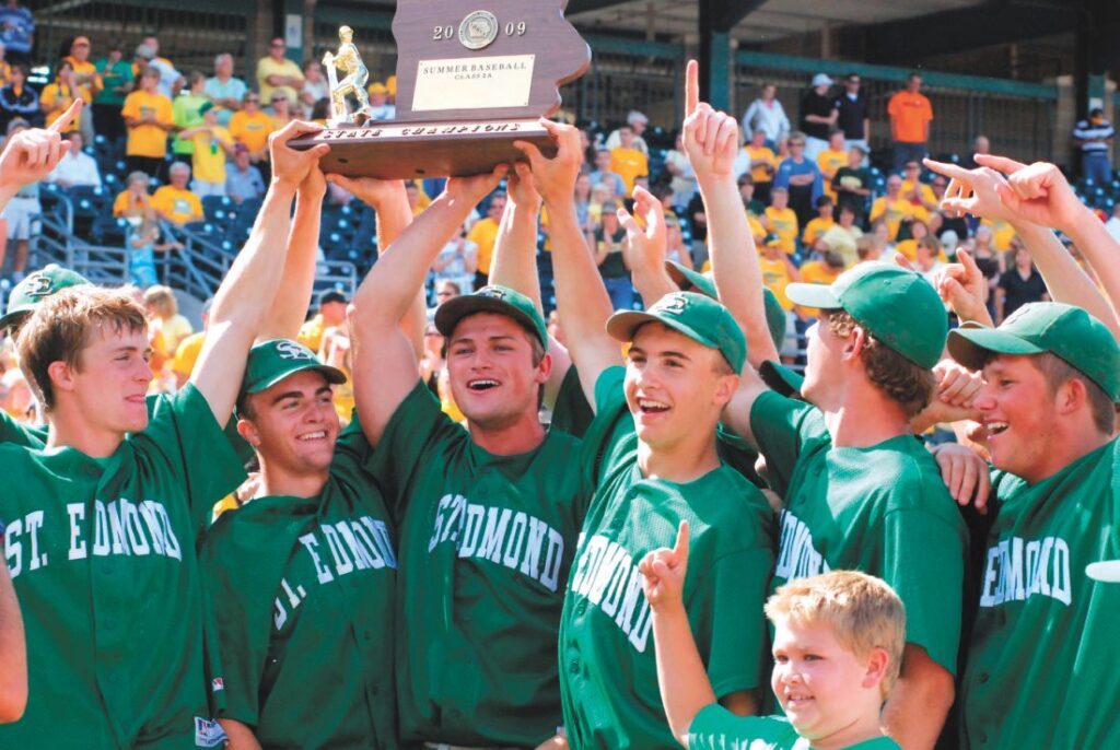 The St. Edmond baseball team celebrates after winning the state championship in 2009.