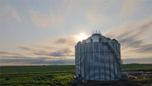 Iowa farmland with a grain bin under an open sky, representing the choice between selling and keeping the family farm